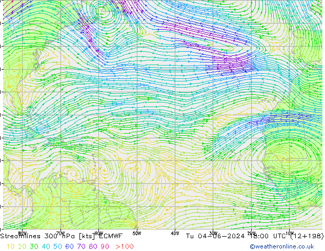 Linea di flusso 300 hPa ECMWF mar 04.06.2024 18 UTC