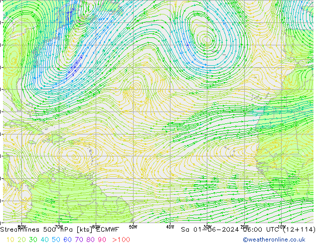 Linea di flusso 500 hPa ECMWF sab 01.06.2024 06 UTC