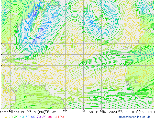 ветер 500 гПа ECMWF сб 01.06.2024 12 UTC