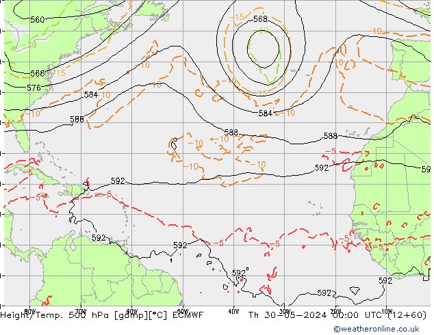 Z500/Rain (+SLP)/Z850 ECMWF Čt 30.05.2024 00 UTC