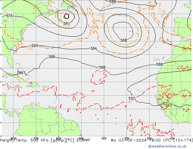 Z500/Rain (+SLP)/Z850 ECMWF pon. 03.06.2024 18 UTC