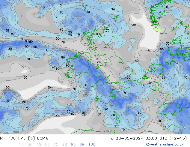 RH 700 hPa ECMWF Út 28.05.2024 03 UTC