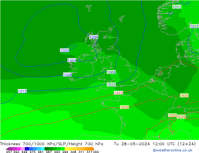 Thck 700-1000 hPa ECMWF Tu 28.05.2024 12 UTC