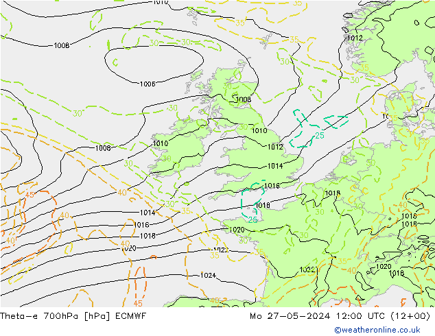 Theta-e 700hPa ECMWF Pzt 27.05.2024 12 UTC