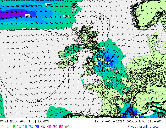 Wind 850 hPa ECMWF Pá 31.05.2024 06 UTC