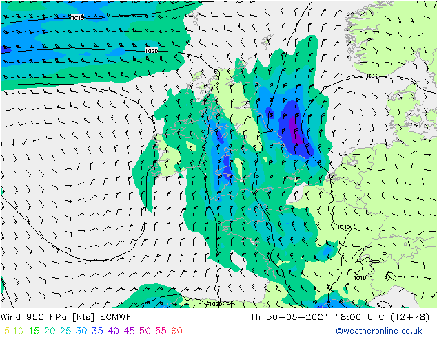 Wind 950 hPa ECMWF Th 30.05.2024 18 UTC