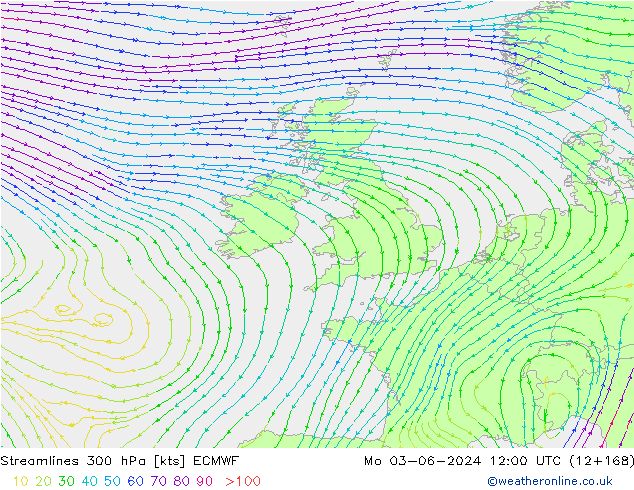 Linia prądu 300 hPa ECMWF pon. 03.06.2024 12 UTC