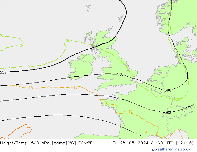 Z500/Rain (+SLP)/Z850 ECMWF wto. 28.05.2024 06 UTC