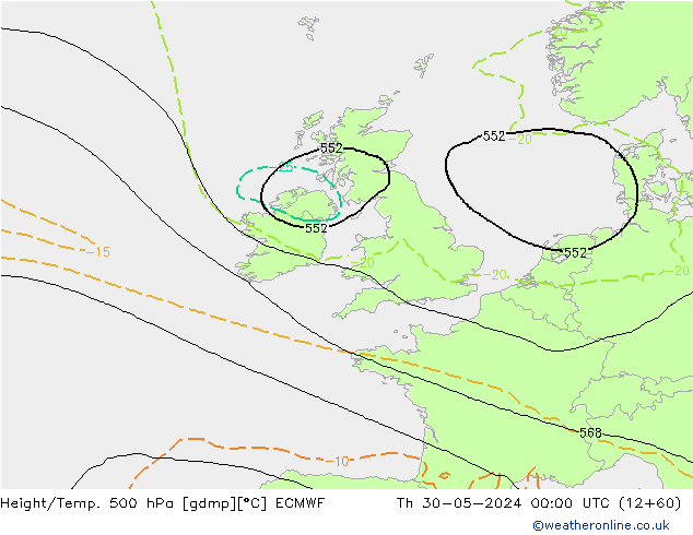 Z500/Rain (+SLP)/Z850 ECMWF Čt 30.05.2024 00 UTC