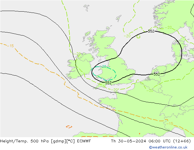 Geop./Temp. 500 hPa ECMWF jue 30.05.2024 06 UTC