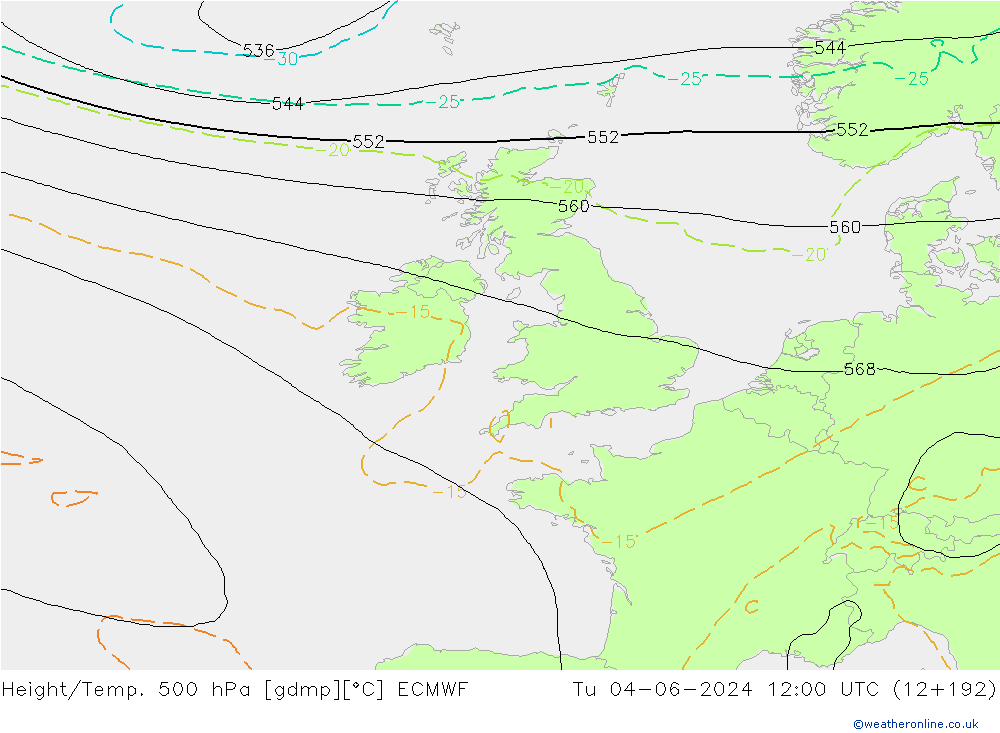 Z500/Rain (+SLP)/Z850 ECMWF Tu 04.06.2024 12 UTC