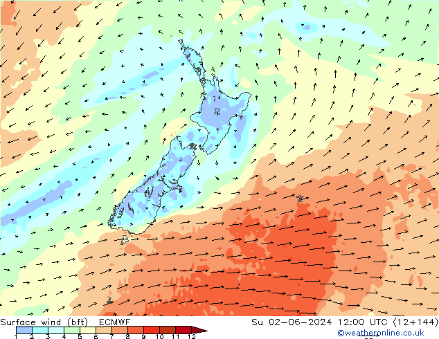 Rüzgar 10 m (bft) ECMWF Paz 02.06.2024 12 UTC