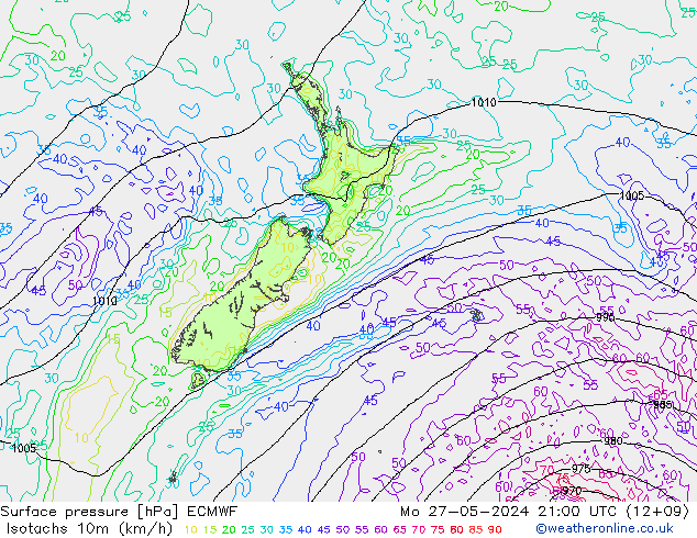 Isotachs (kph) ECMWF Seg 27.05.2024 21 UTC