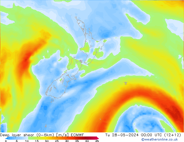 Deep layer shear (0-6km) ECMWF Tu 28.05.2024 00 UTC