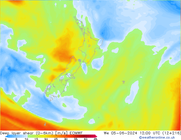 Deep layer shear (0-6km) ECMWF Mi 05.06.2024 12 UTC