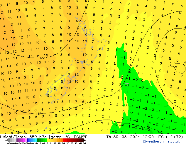 Z500/Rain (+SLP)/Z850 ECMWF Do 30.05.2024 12 UTC