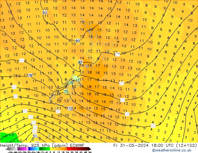 Height/Temp. 925 hPa ECMWF Sex 31.05.2024 18 UTC