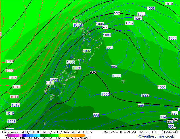 Dikte 500-1000hPa ECMWF wo 29.05.2024 03 UTC