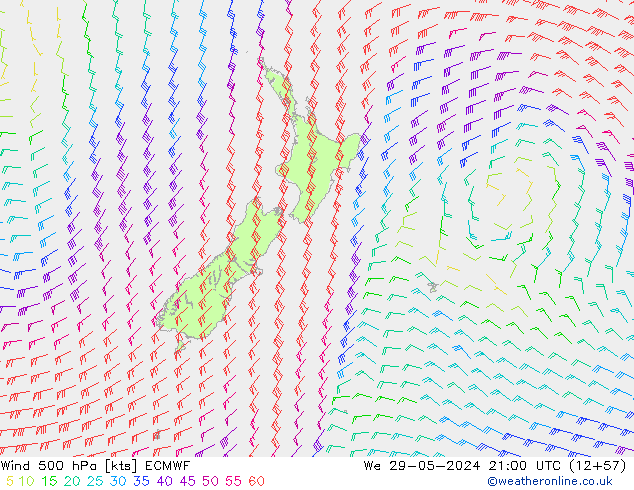 Viento 500 hPa ECMWF mié 29.05.2024 21 UTC