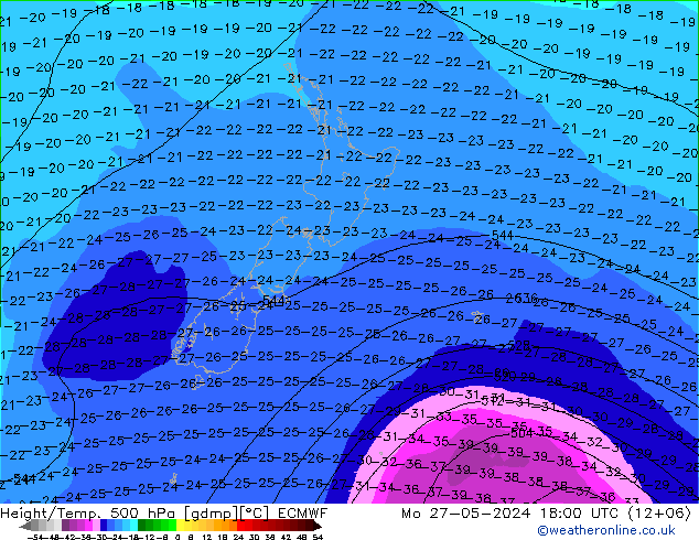 Z500/Rain (+SLP)/Z850 ECMWF pon. 27.05.2024 18 UTC