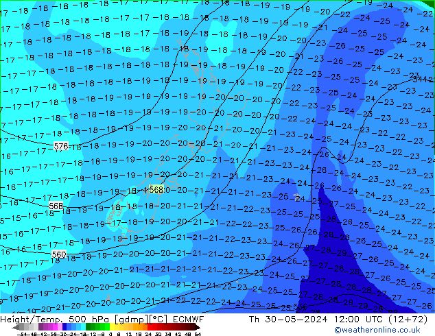 Z500/Rain (+SLP)/Z850 ECMWF Do 30.05.2024 12 UTC