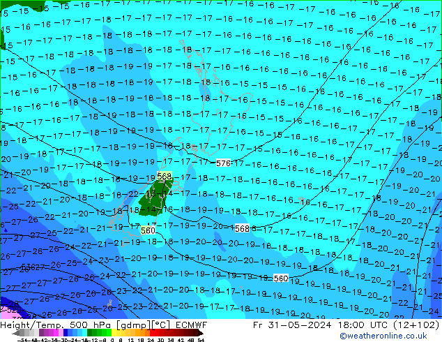 Z500/Rain (+SLP)/Z850 ECMWF Fr 31.05.2024 18 UTC