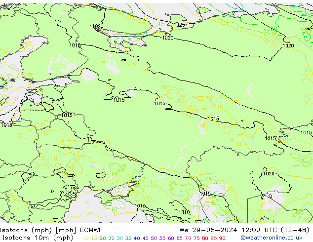 Isotachen (mph) ECMWF Mi 29.05.2024 12 UTC