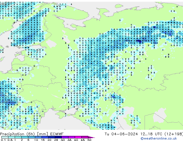 Precipitation (6h) ECMWF Út 04.06.2024 18 UTC