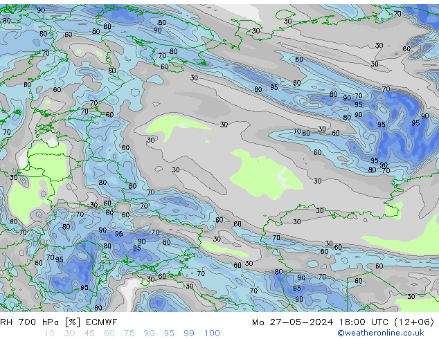 RH 700 hPa ECMWF pon. 27.05.2024 18 UTC