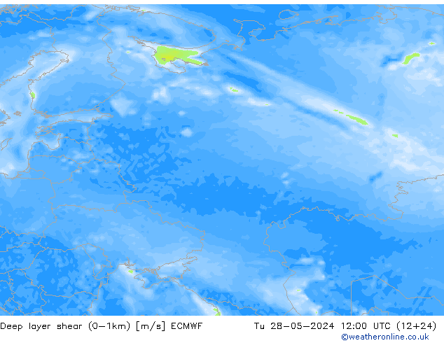 Deep layer shear (0-1km) ECMWF Út 28.05.2024 12 UTC