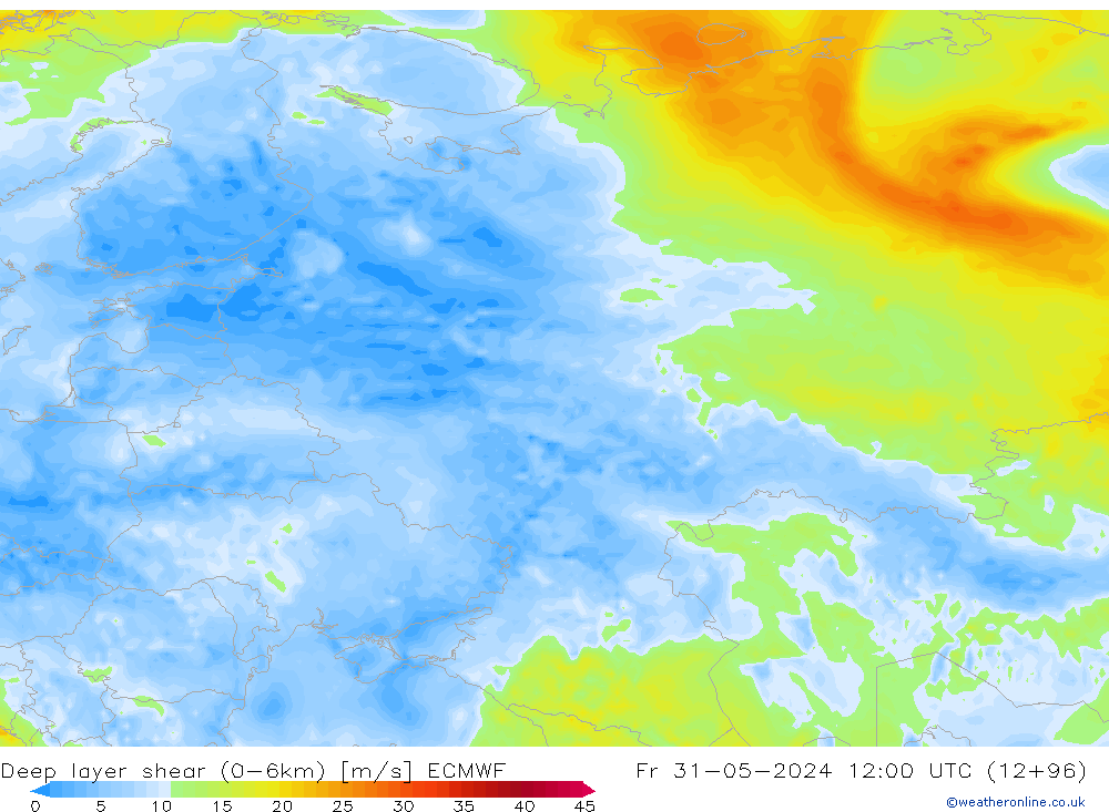 Deep layer shear (0-6km) ECMWF vr 31.05.2024 12 UTC