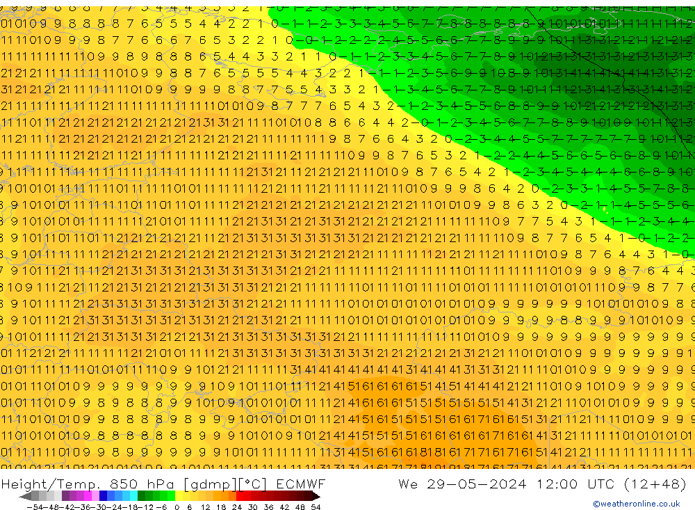 Z500/Rain (+SLP)/Z850 ECMWF Qua 29.05.2024 12 UTC