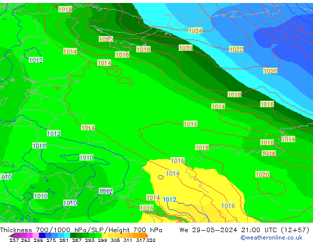 Thck 700-1000 hPa ECMWF St 29.05.2024 21 UTC