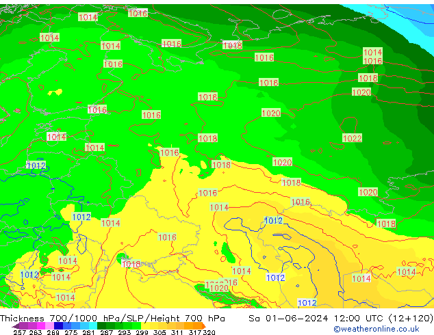 Thck 700-1000 гПа ECMWF сб 01.06.2024 12 UTC