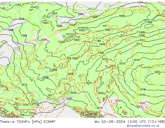 Theta-e 700hPa ECMWF pon. 03.06.2024 12 UTC