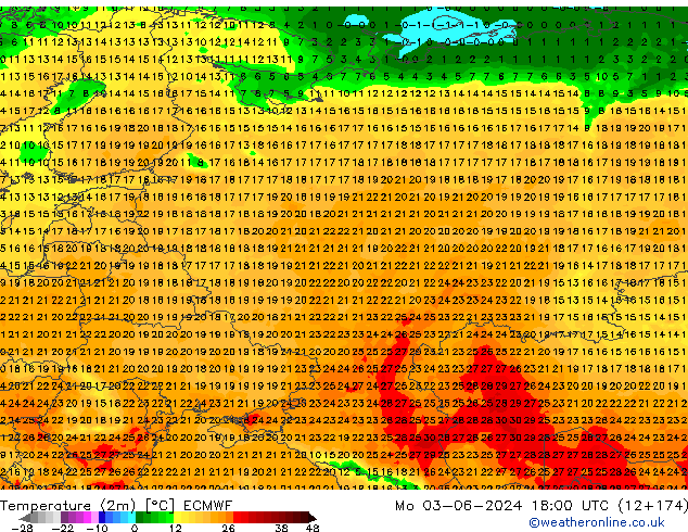 mapa temperatury (2m) ECMWF pon. 03.06.2024 18 UTC