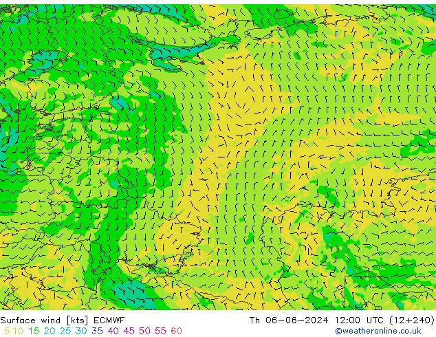 Surface wind ECMWF Čt 06.06.2024 12 UTC