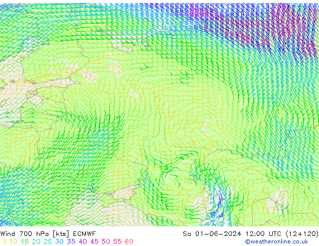 Viento 700 hPa ECMWF sáb 01.06.2024 12 UTC