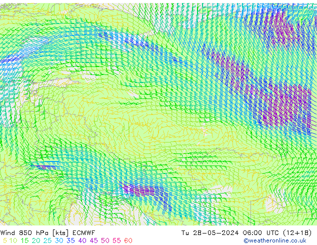 wiatr 850 hPa ECMWF wto. 28.05.2024 06 UTC