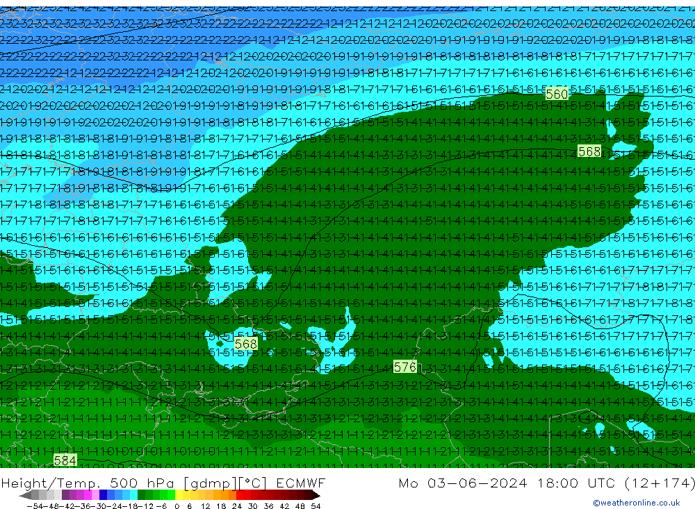 Height/Temp. 500 hPa ECMWF Mo 03.06.2024 18 UTC