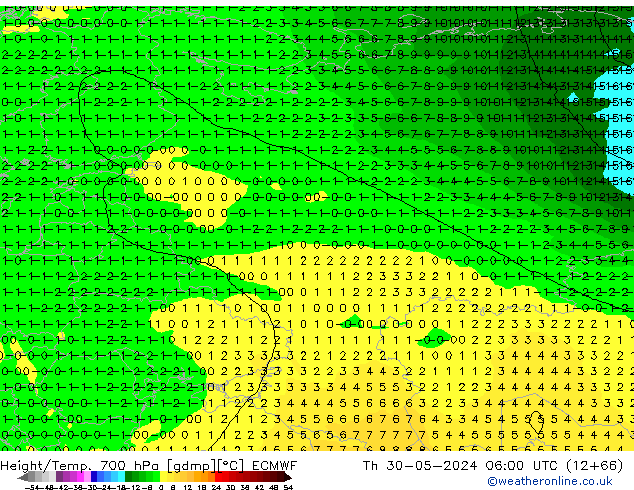 Height/Temp. 700 hPa ECMWF Th 30.05.2024 06 UTC