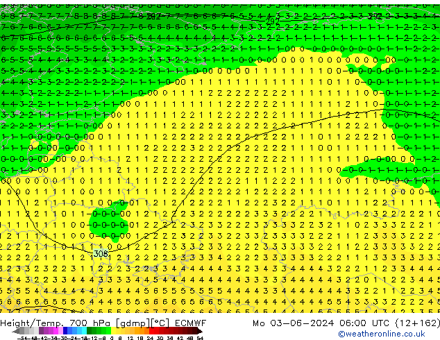 Height/Temp. 700 hPa ECMWF Mo 03.06.2024 06 UTC