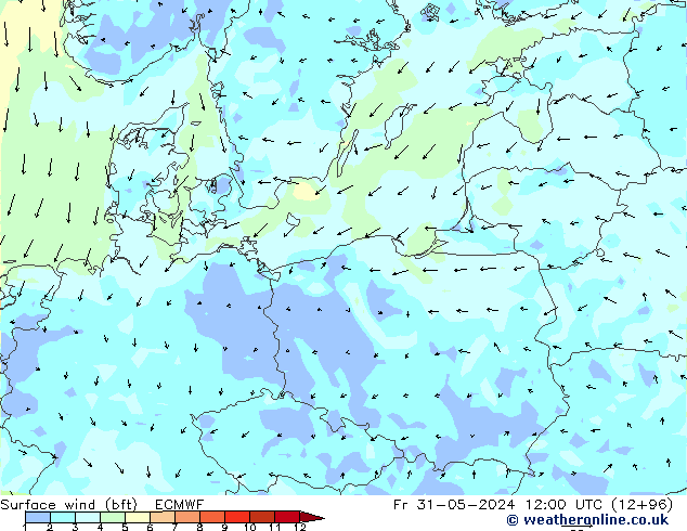 Surface wind (bft) ECMWF Pá 31.05.2024 12 UTC