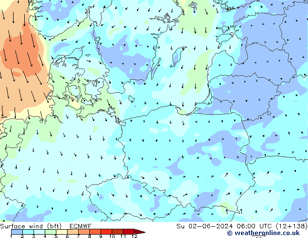 Surface wind (bft) ECMWF Ne 02.06.2024 06 UTC