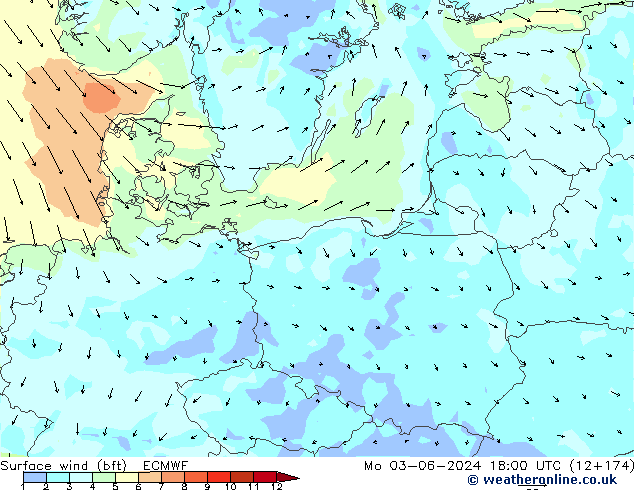 Surface wind (bft) ECMWF Mo 03.06.2024 18 UTC