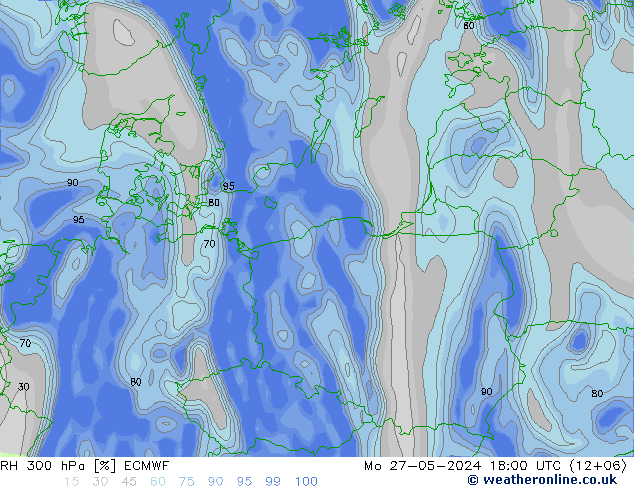 Humedad rel. 300hPa ECMWF lun 27.05.2024 18 UTC