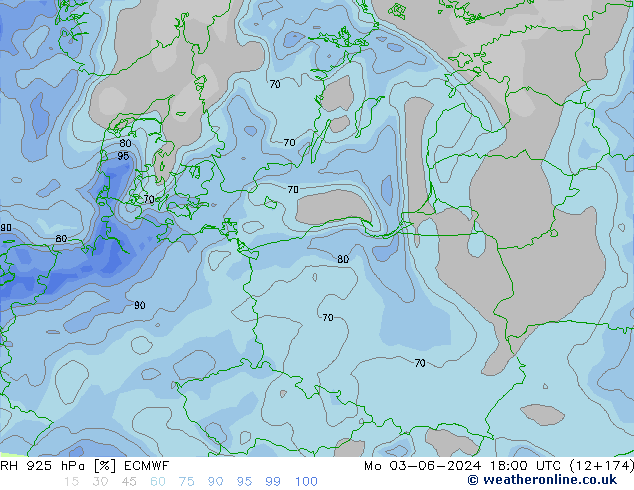 RH 925 гПа ECMWF пн 03.06.2024 18 UTC