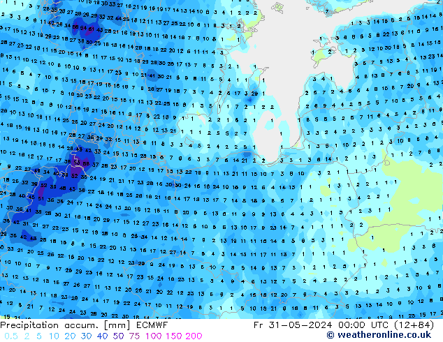 Precipitation accum. ECMWF Pá 31.05.2024 00 UTC