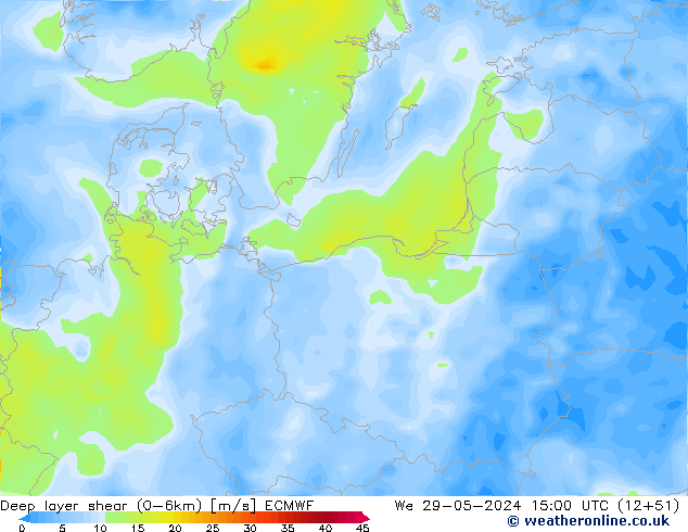 Deep layer shear (0-6km) ECMWF We 29.05.2024 15 UTC