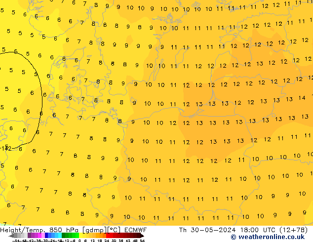 Height/Temp. 850 hPa ECMWF Qui 30.05.2024 18 UTC